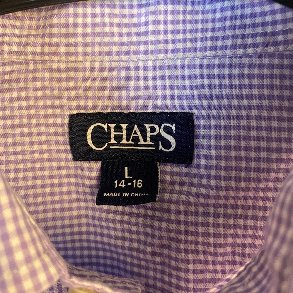 Chaps Boys Large 14-16 Button Down Shirt Purple White Gingham Long Sleeve